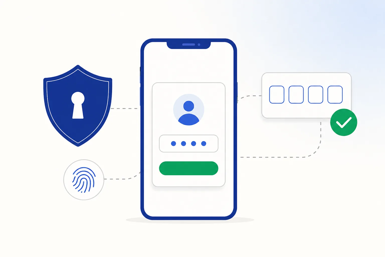 A phone showing a login screen beside a shield with a keyhole, a fingerprint icon and a one-time code card.
