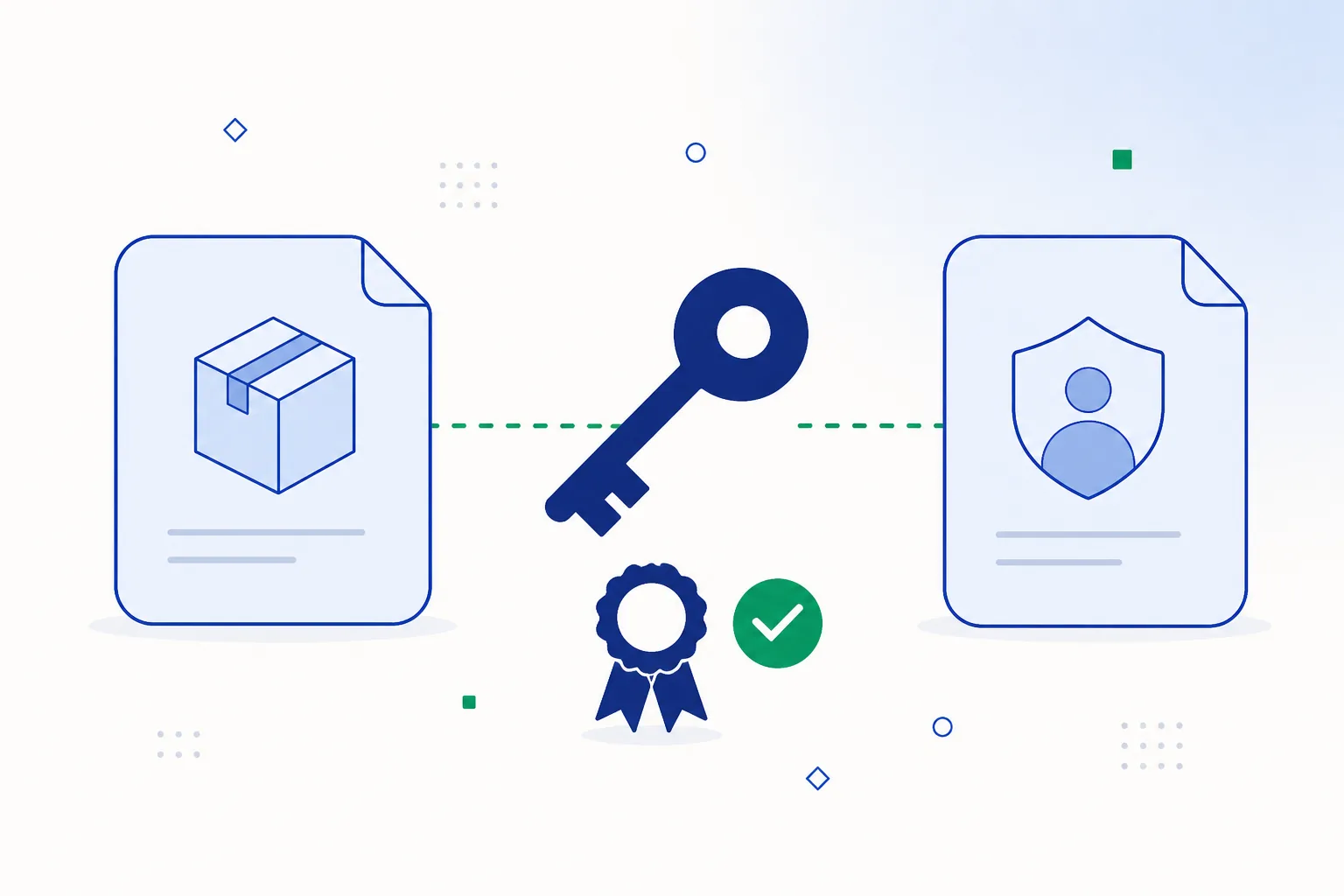 Two documents linked by a single key and a certificate rosette with a green checkmark, showing one signature matching both.