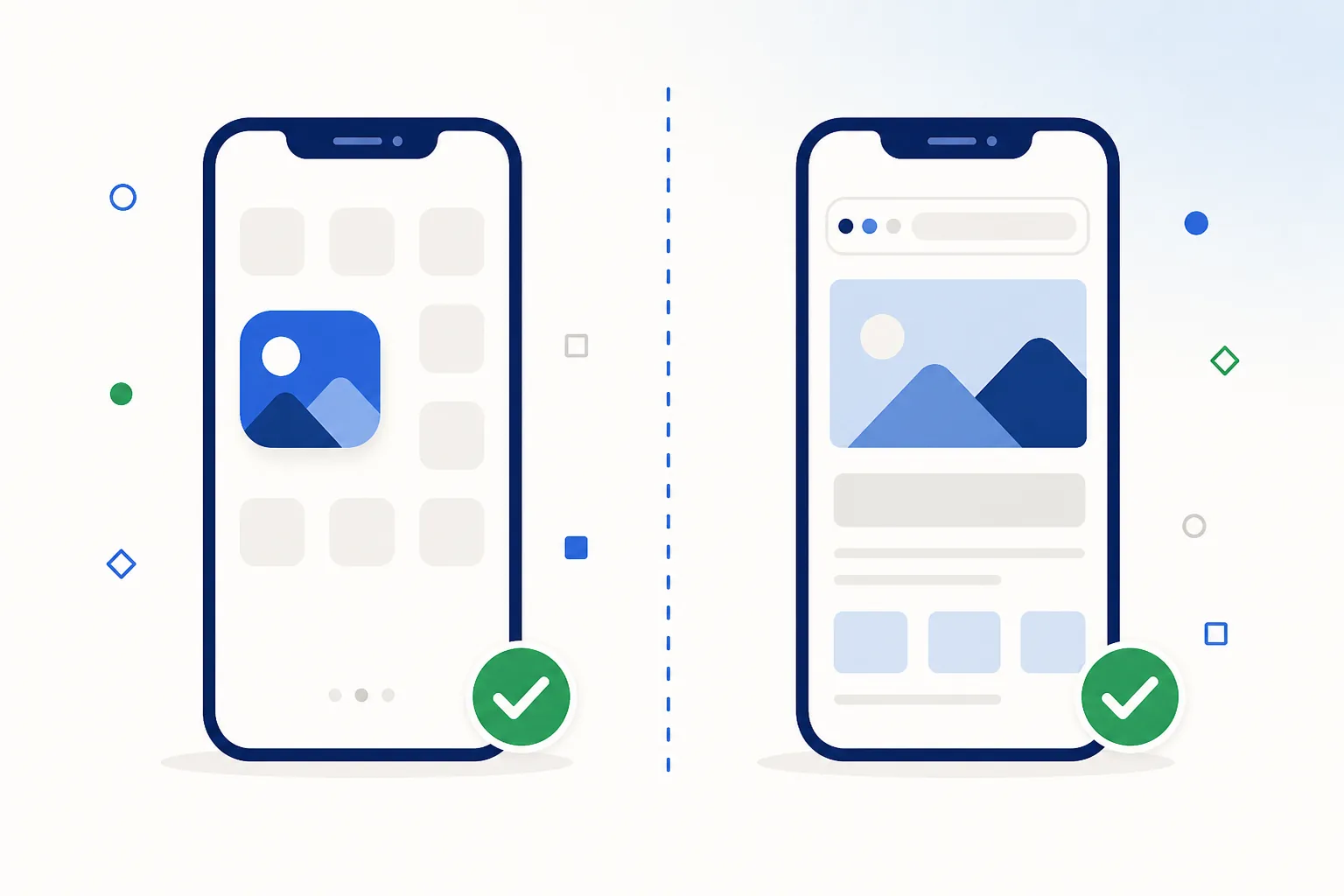 A split illustration comparing a phone with an installed casino app icon against a phone showing the site in a browser.