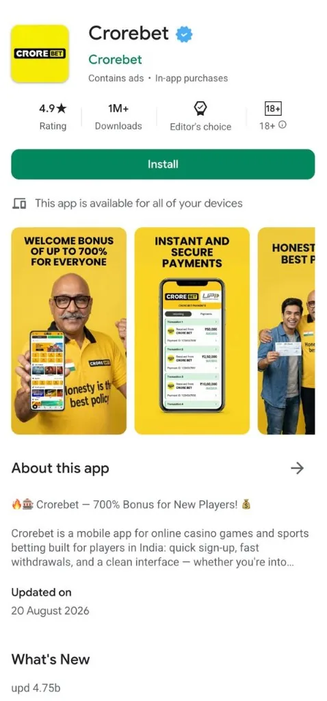 Crore Bet casino app listing showing a 4.9 rating, 1M+ downloads, Editor's Choice badge, and screenshots of slots and live casino.