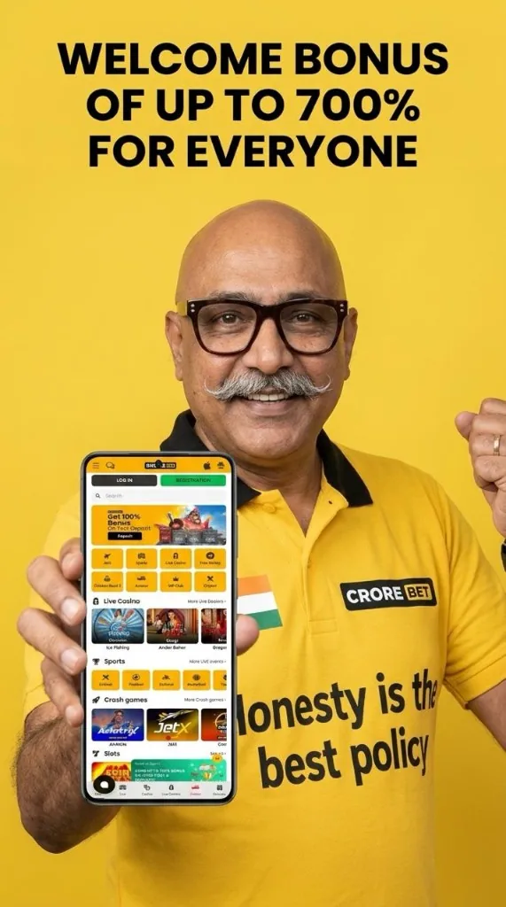 The Crore Bet casino owner in a yellow polo holding a phone that shows slots, live casino and Aviator, beside a welcome bonus of up to 700%.