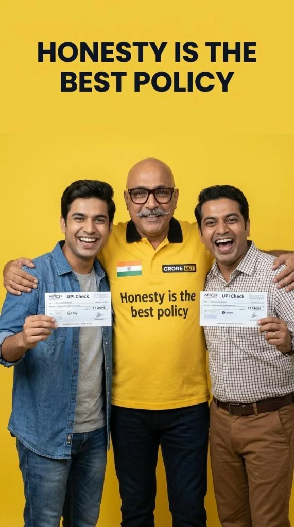 The Crore Bet owner with two happy players holding large UPI payout cheques for 11 crore, wearing shirts that read Honesty is the best policy.