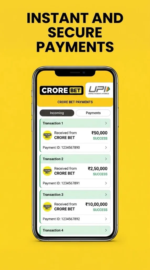 Crore Bet payments screen showing instant UPI deposits with successful transfers of ₹50,000, ₹2,50,000 and ₹10,00,000.