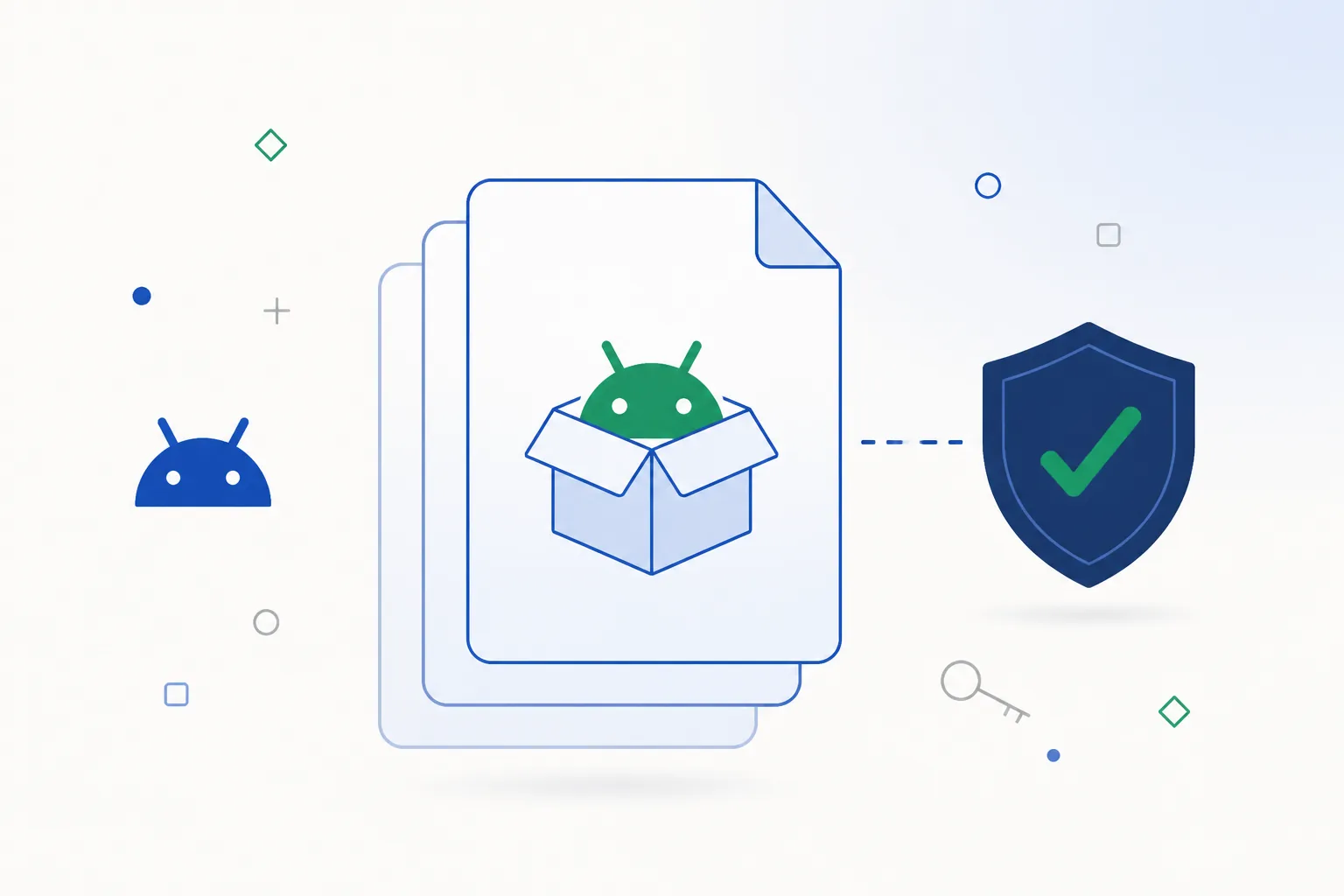An Android application package file drawn as stacked layers, linked to a shield containing a green checkmark.