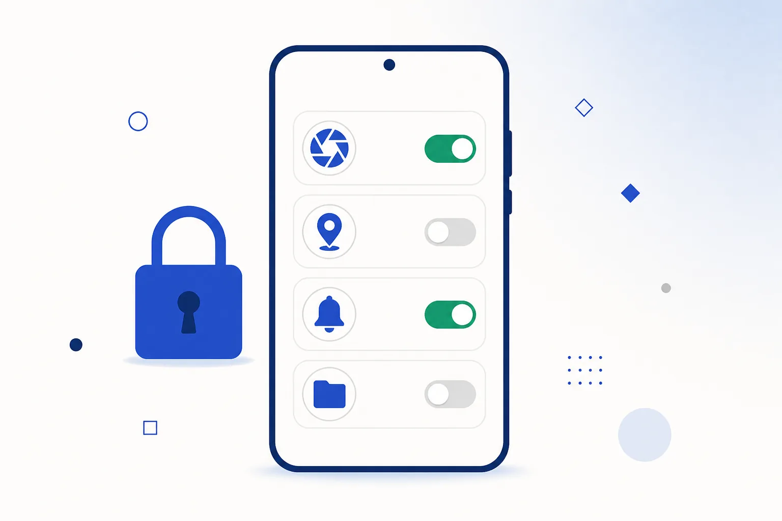 A phone showing a permissions list with camera, location, notification and storage toggles, beside a padlock.