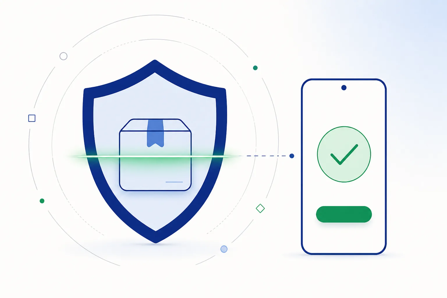 A navy shield with a green scanning line passing over a package, connected to a phone showing a green checkmark.
