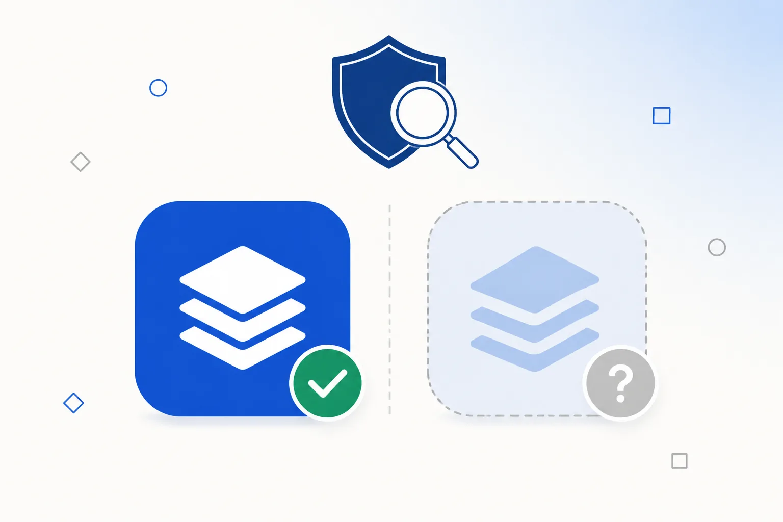 Two app icons side by side: a crisp one with a green checkmark and a faded dashed one with a grey question mark.