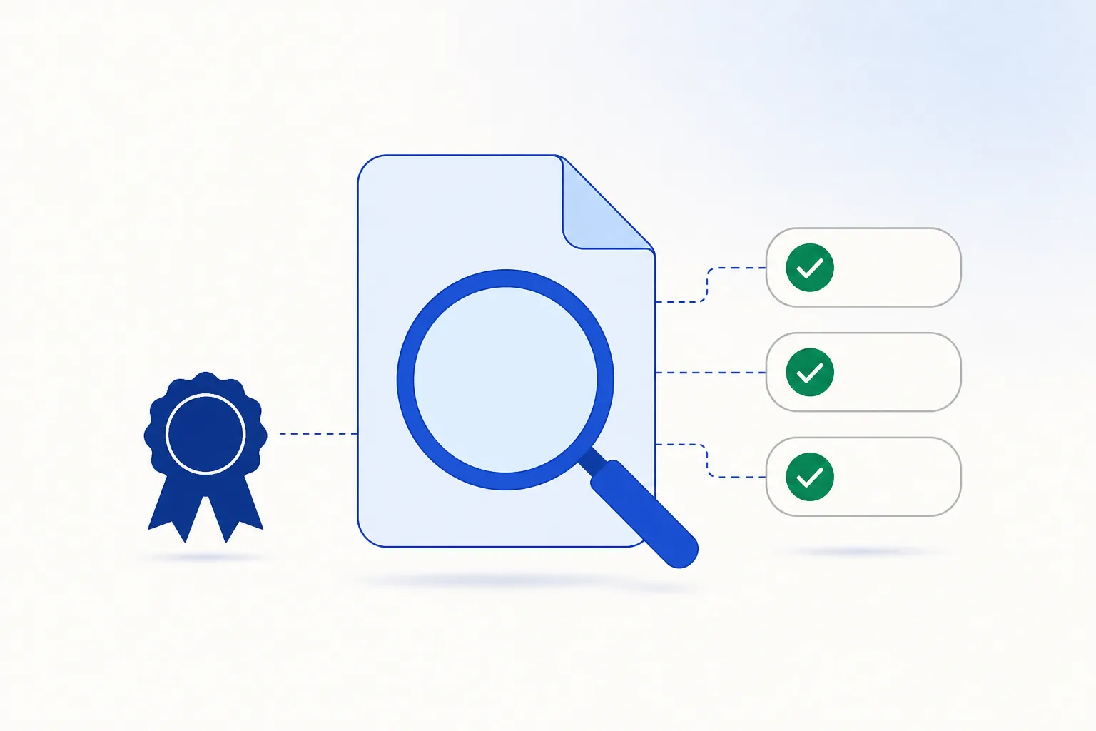 A magnifying glass over an app package next to a checklist of three completed green checkmarks.